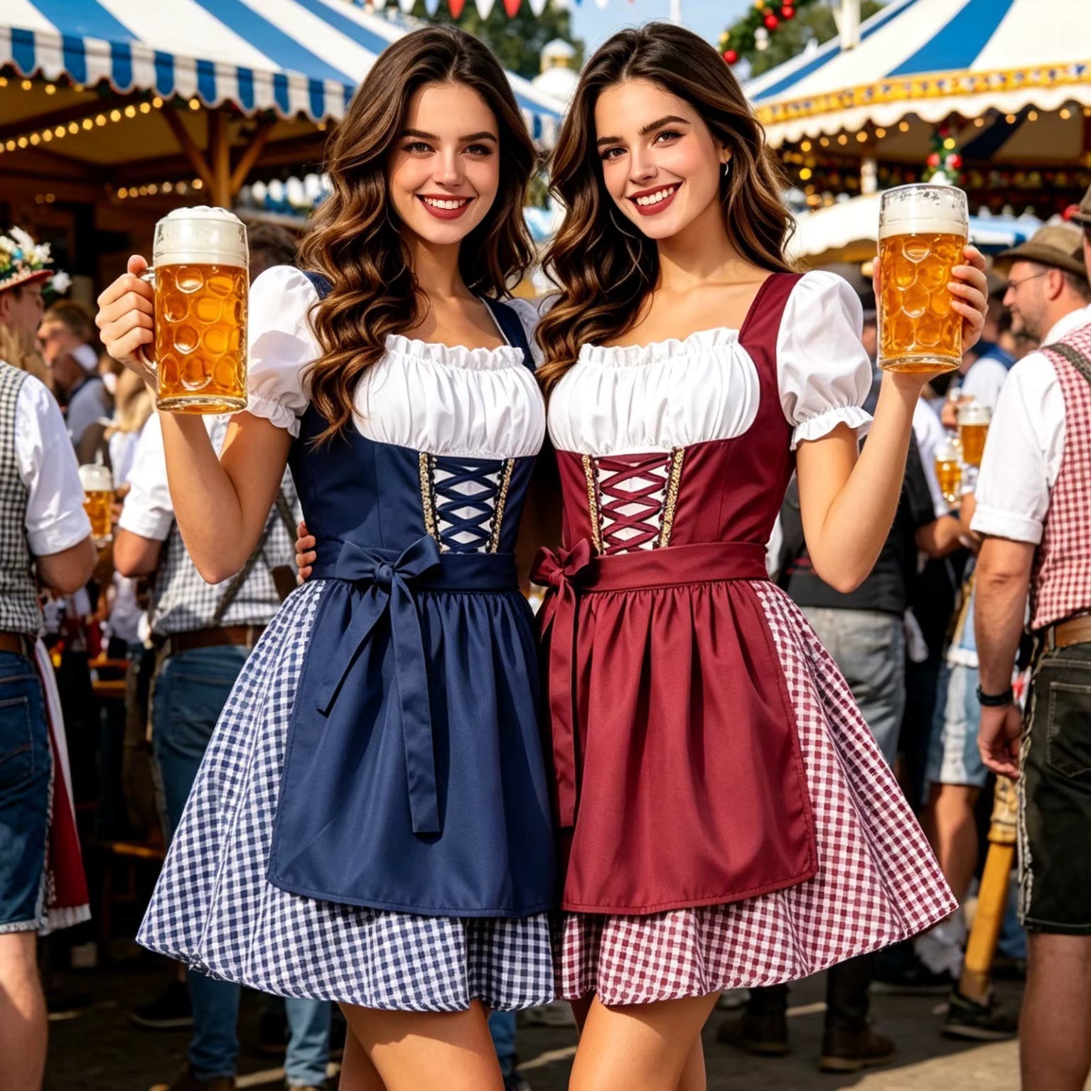 Damen-Dirndl in Rot und Blau mit Schnürmieder und Schürze