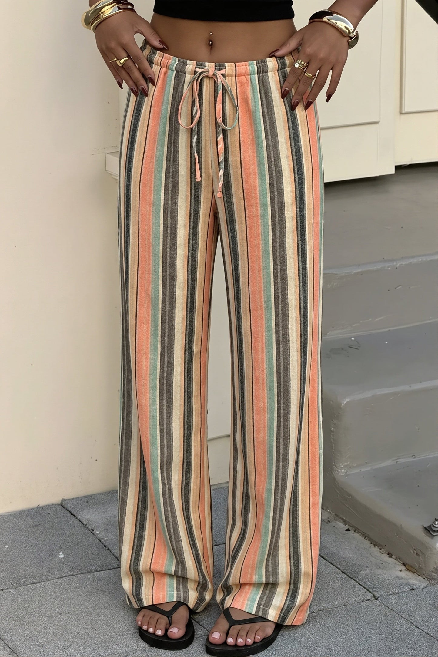 Gestreifte Damen Strandhose mit weitem Bein und verstellbarem Bindebund