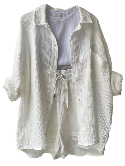 Damen Sommer Set Mit Plissierter Struktur Und Knopfdetail