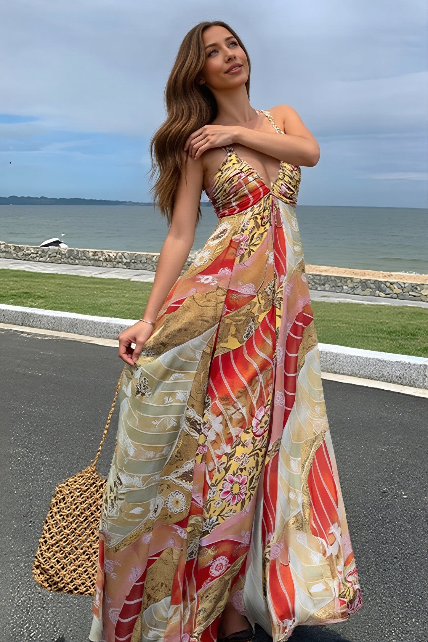 Detailansicht des V-Ausschnitts am Damen Midikleid mit Blumenprint