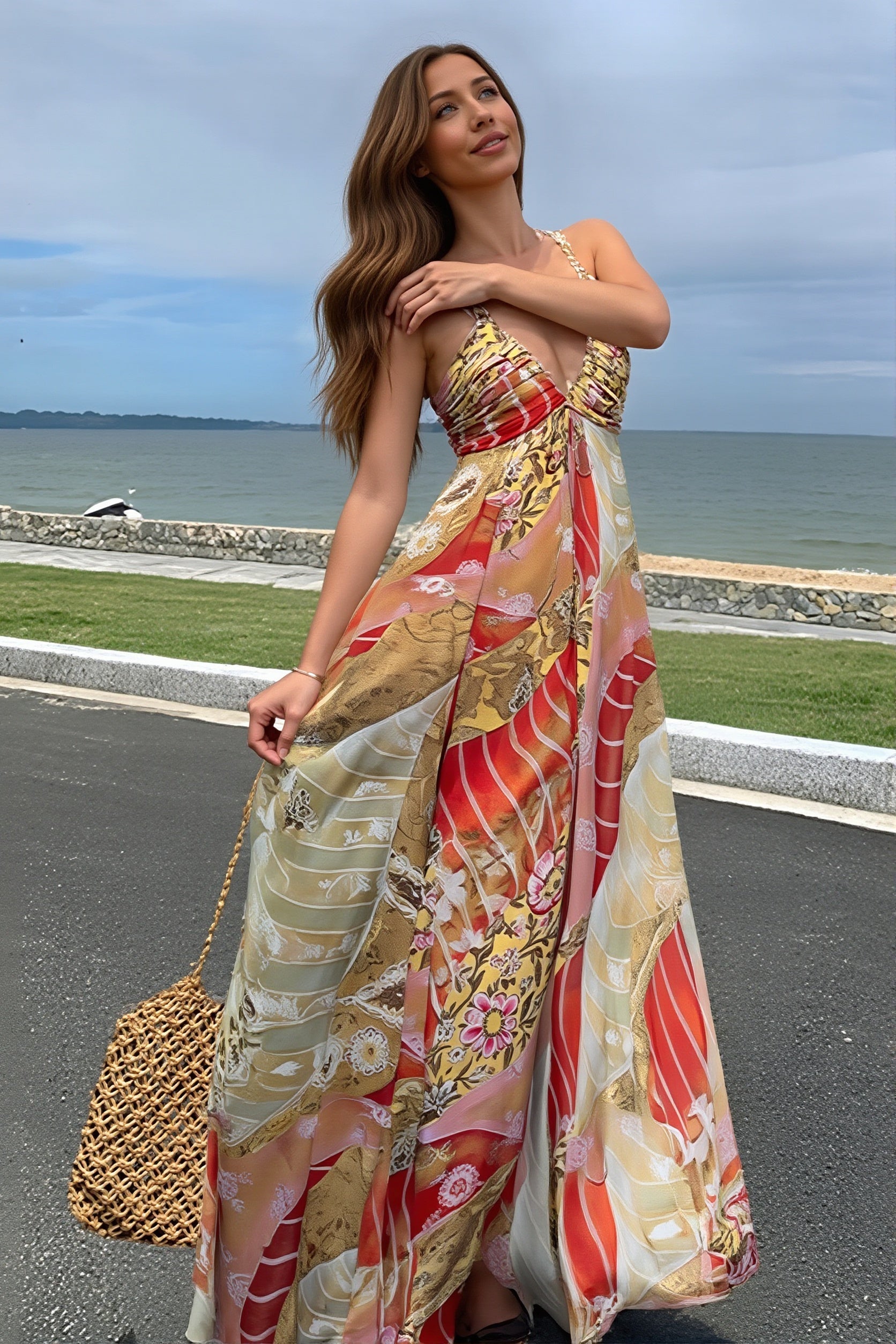 Detailansicht des V-Ausschnitts am Damen Midikleid mit Blumenprint