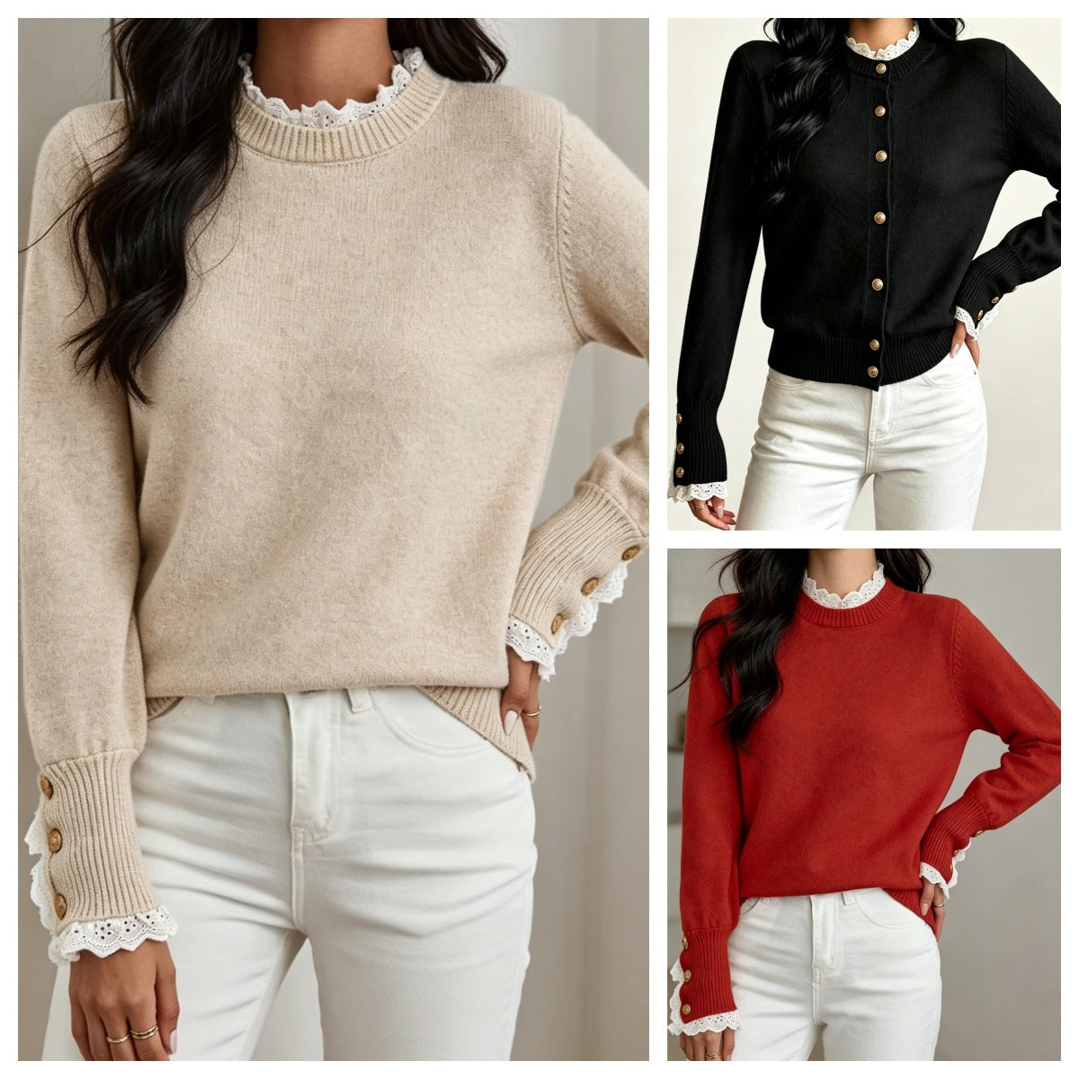 Damen-Strickpullover mit elegantem Spitzenbesatz am Rundhalsausschnitt