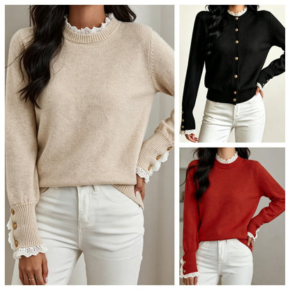 Damen-Strickpullover mit elegantem Spitzenbesatz am Rundhalsausschnitt