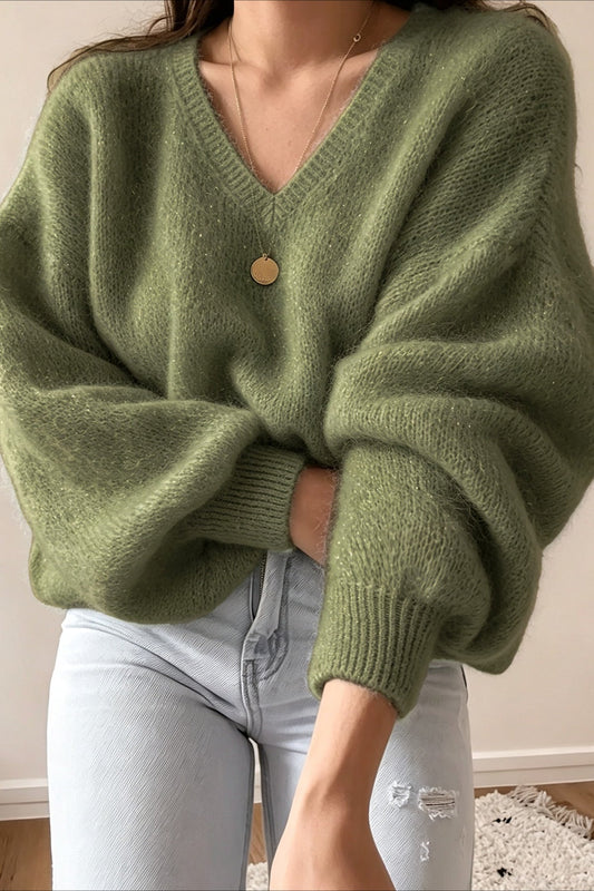 Olivgrüner Oversized Strickpullover mit V-Ausschnitt und voluminösen Ballonärmeln