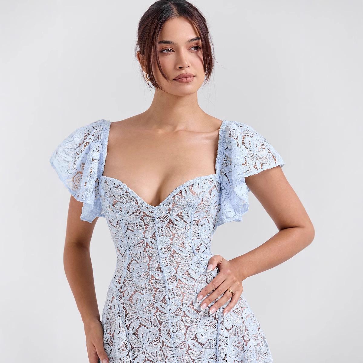 Spitzen Kleid mit Glockenärmeln Midi Blau