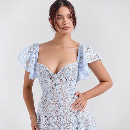 Spitzen Kleid mit Glockenärmeln Midi Blau