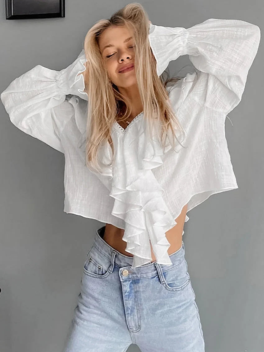 Baumwollbluse mit Rüschen und Raglanärmeln Weiß