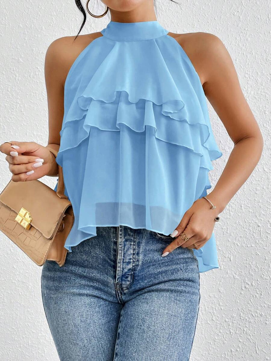 Damen Neckholder-Tanktop aus Chiffon mit Volants seitlich gezeigt