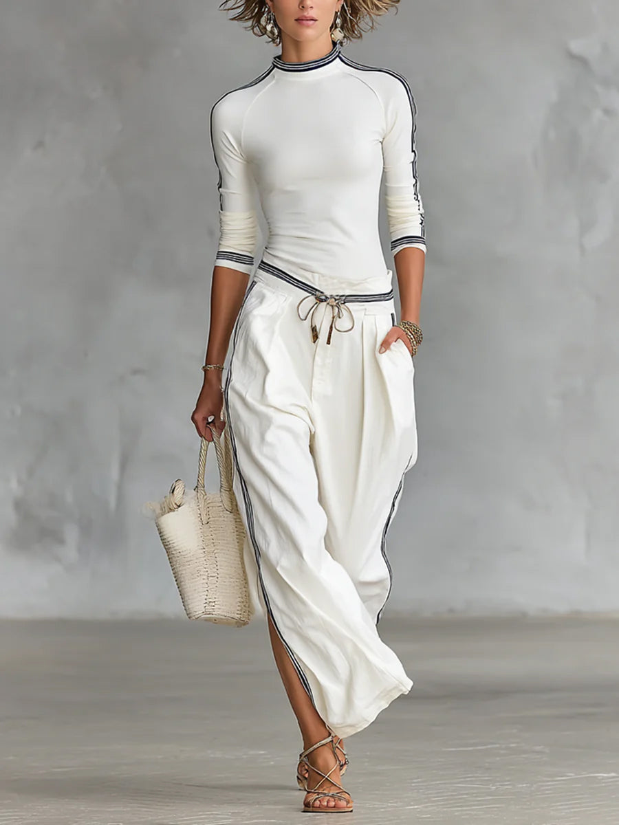 Gemütliches Stretch-Strickoberteil und Leinen-Baumwollhose Set