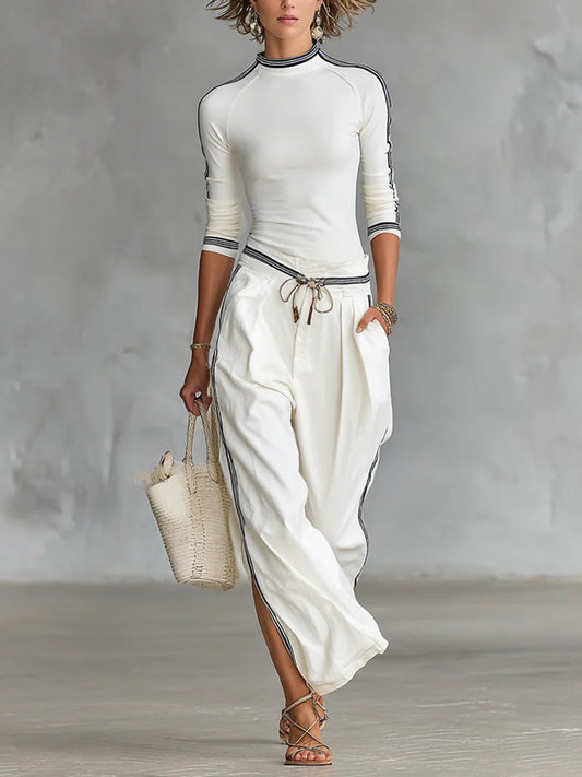 Gemütliches Stretch-Strickoberteil und Leinen-Baumwollhose Set