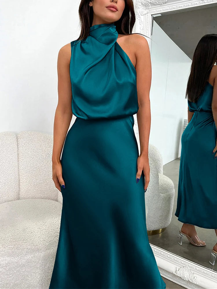 Damen Satin Midi Kleid mit asymmetrischem Ausschnitt
