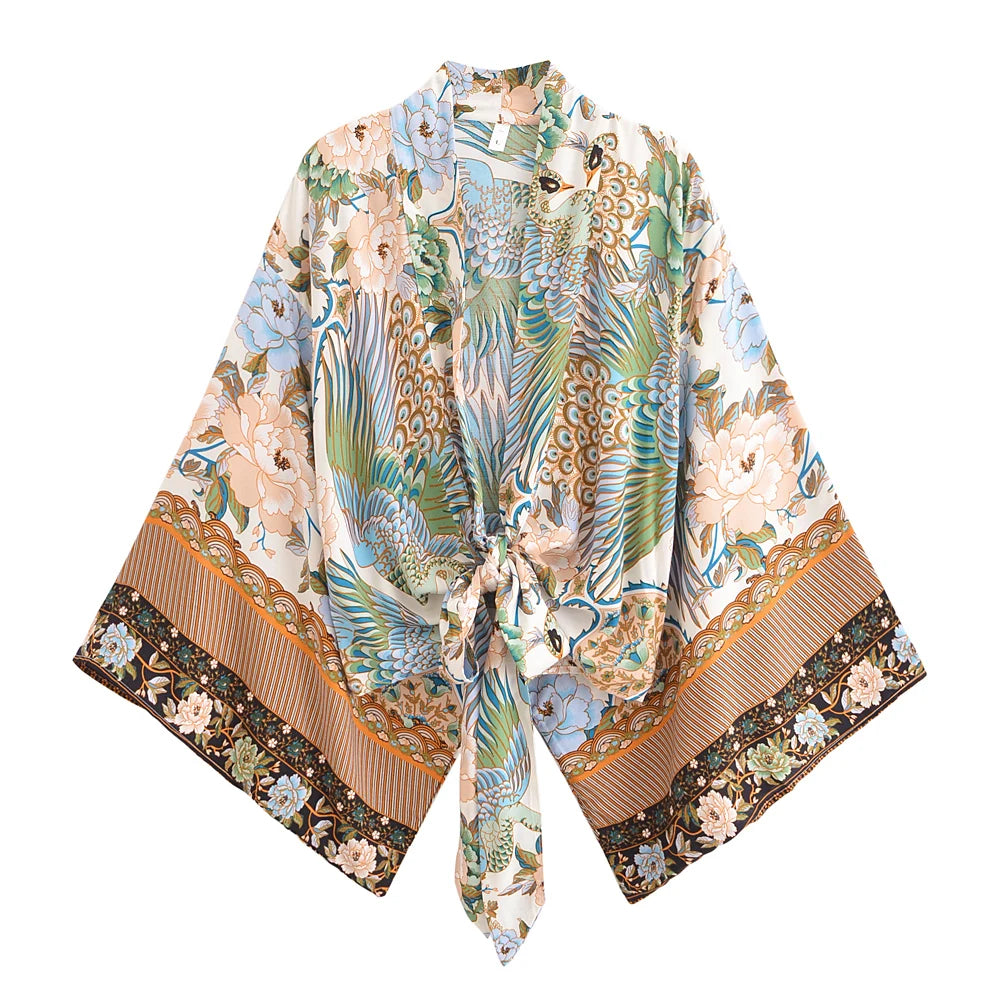 Damen Kurz Rayon Blumiger Kimono Strandüberwurf