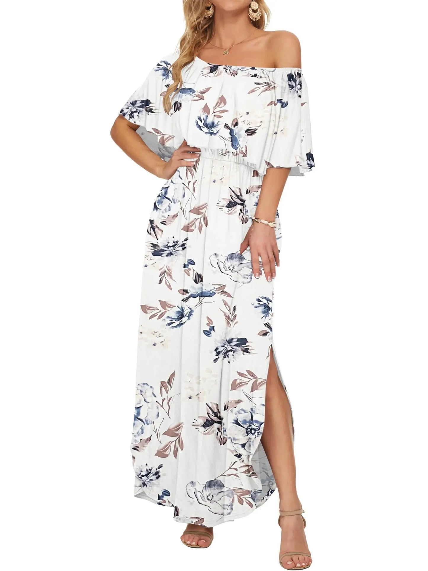 Damen Sommer Maxikleid mit floralem Off-Shoulder-Design