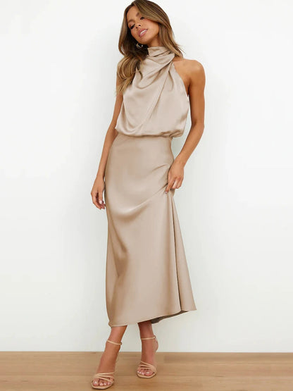 Damen Satin Midi Kleid mit asymmetrischem Ausschnitt