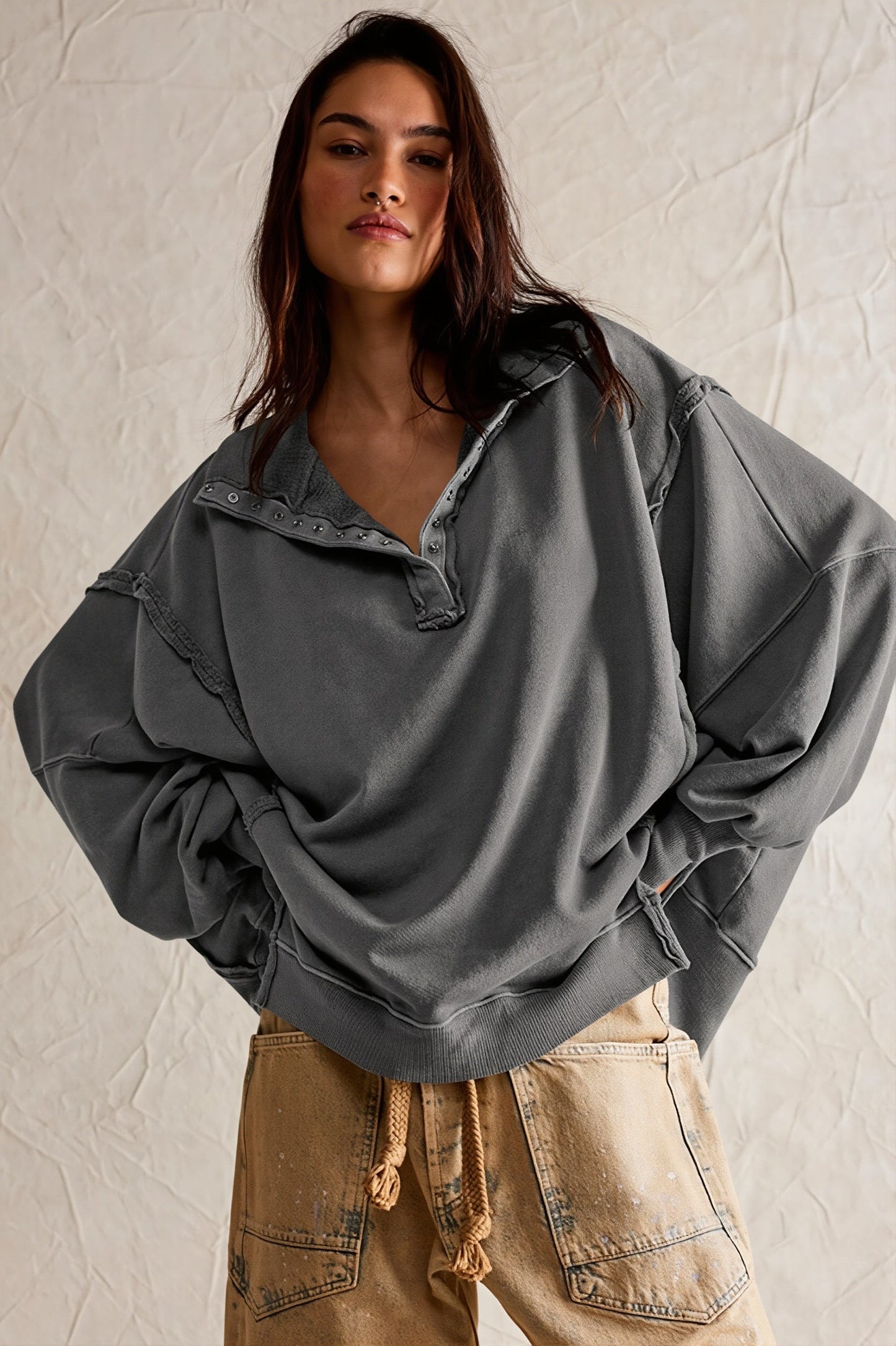 Damen Sweatshirt Oversized Mit Schlitzkragen