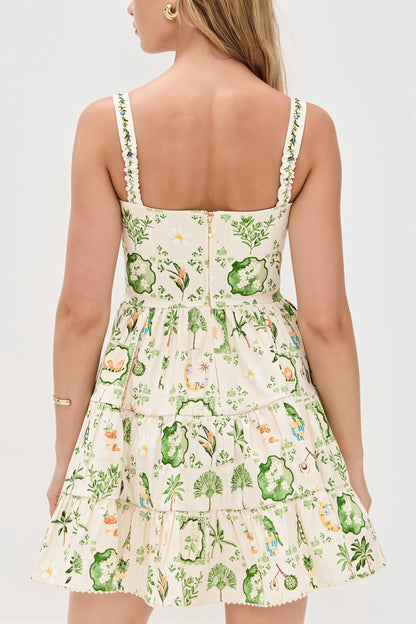 Damen-Midikleid mit Pflanzenprint und Trägern in Rückenansicht