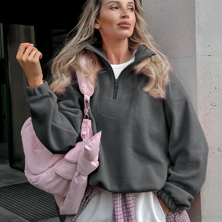 Damen-Fleece-Sweatshirt mit Reißverschluss, Stehkragen, lockerem Schnitt
