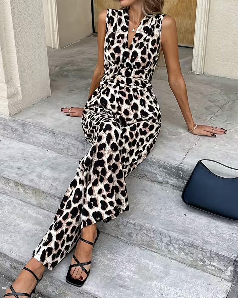 Ärmelloser Damen-Jumpsuit mit auffälligem Leopardenmuster