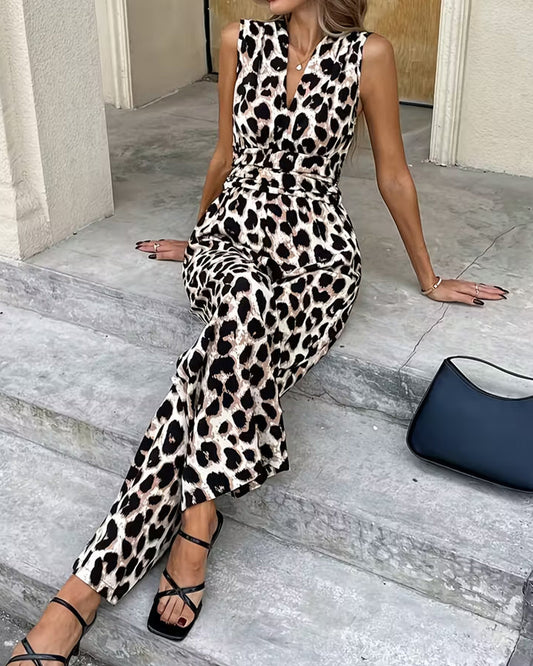 Ärmelloser Damen-Jumpsuit mit auffälligem Leopardenmuster