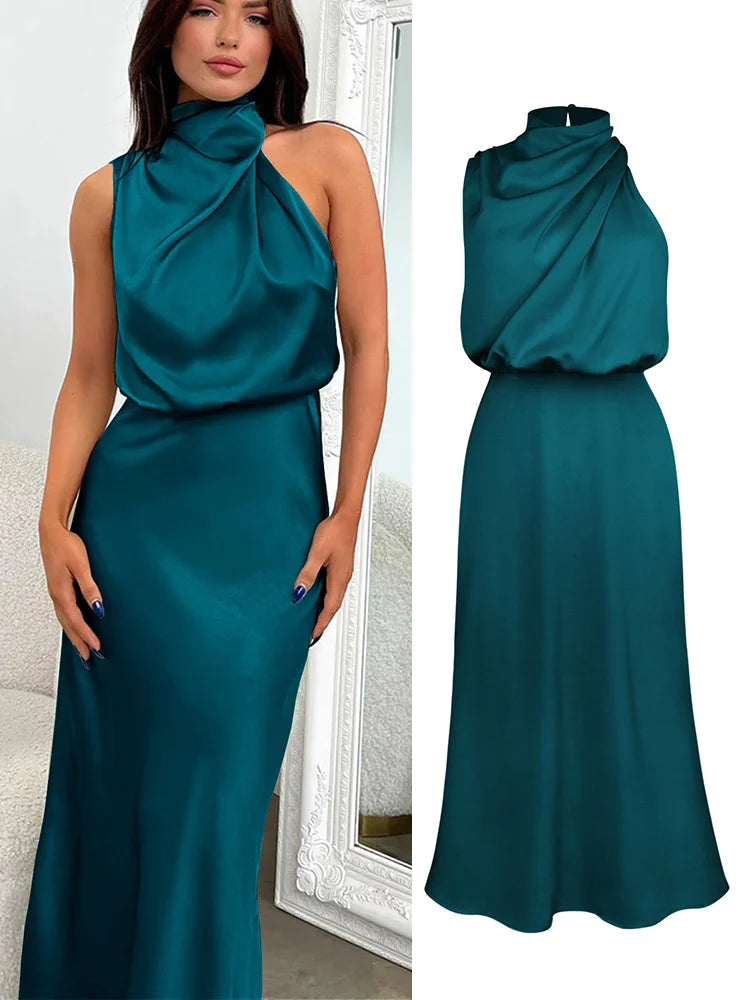 Damen Satin Midi Kleid mit asymmetrischem Ausschnitt