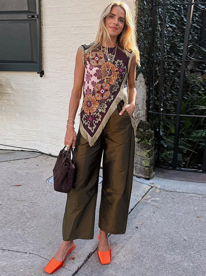 Damen Satin-Ärmellose Bluse mit Blumenmuster und Fransenbesatz in Rotweinfarben