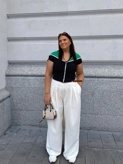Damen Strickoberteil mit Reverskragen und kurzen Ärmeln in Marineblau