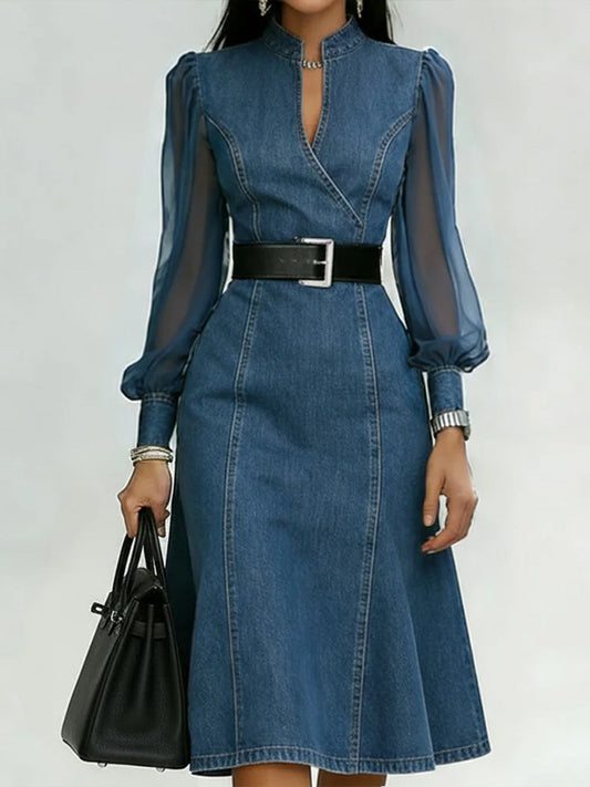 Damen Jeanskleid mit Organza-Ärmelseitenteilen
