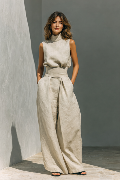Maria - Minimalistisches Set aus Baumwoll-Leinen-Tanktop und weitem Hosenbein