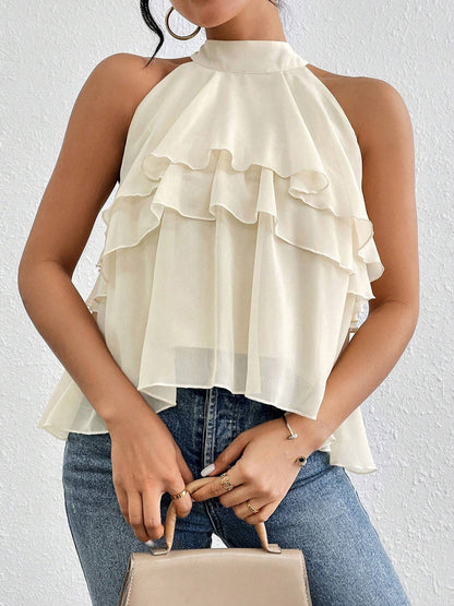 Damen Neckholder Tanktop Aus Chiffon Mit Volants