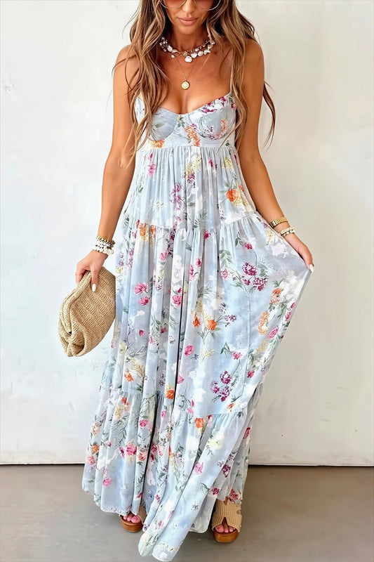 Damen-Maxikleid mit Blumenprint und offenem Rücken in fließender Boho-Optik