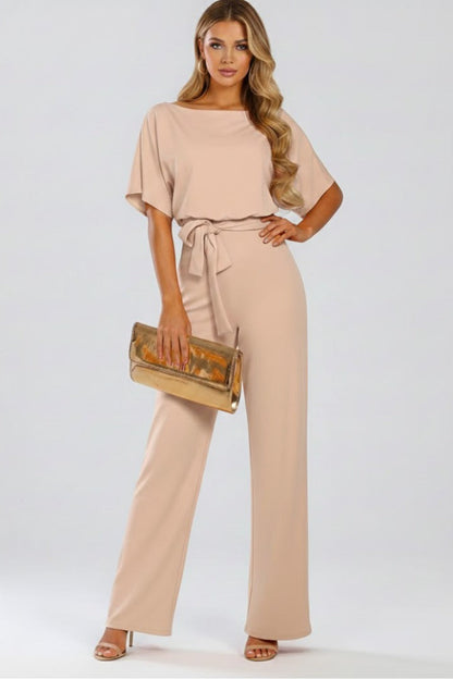 Damen Jumpsuit Mit Weitem Bein Und Bindegürtel