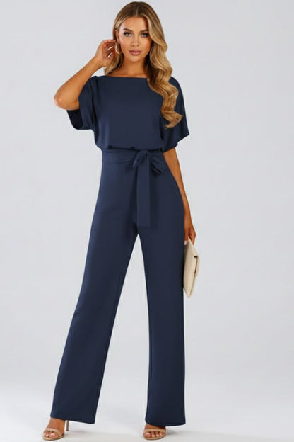 Damen Jumpsuit Mit Weitem Bein Und Bindegürtel