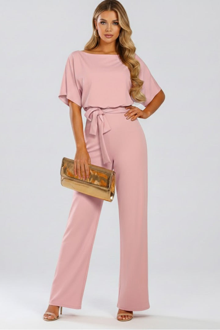 Damen Jumpsuit Mit Weitem Bein Und Bindegürtel