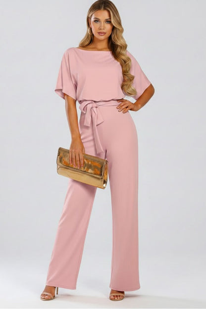 Damen Jumpsuit Mit Weitem Bein Und Bindegürtel