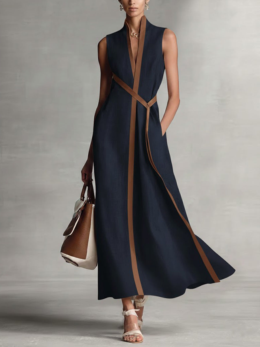 Ärmelloses Damenkleid mit Stehkragen aus Baumwoll-Leinen, Freizeitkleid