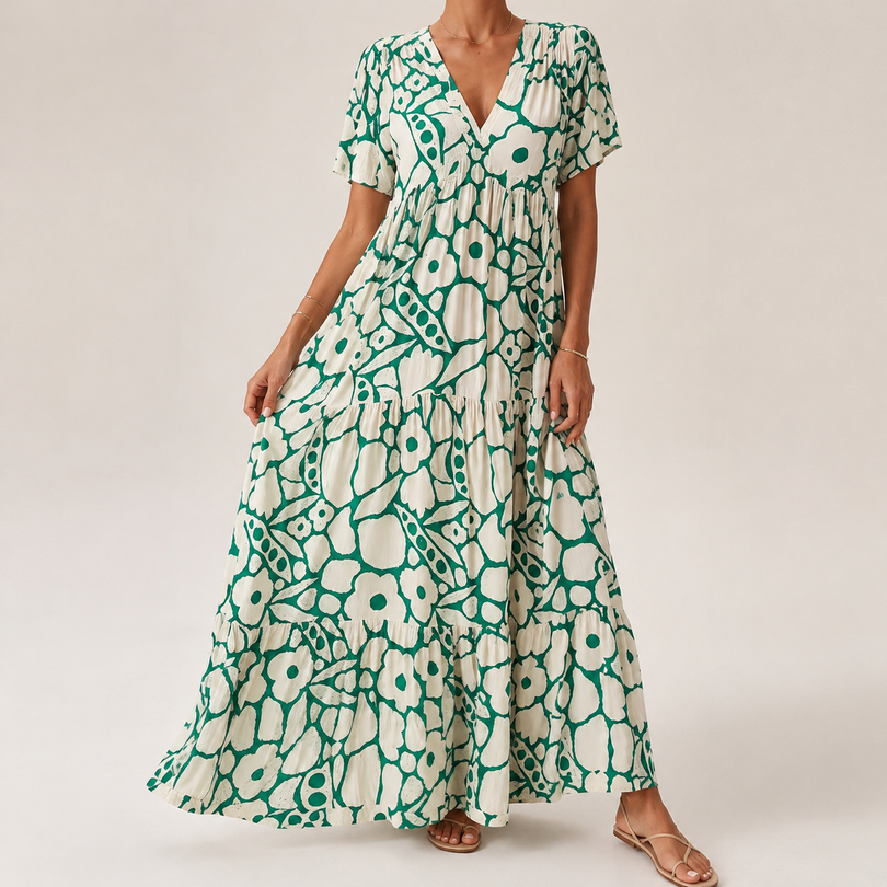 Atmungsaktives Maxikleid mit Blumenmuster und Stufenrock