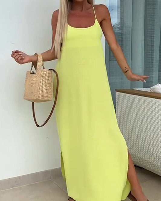 Damen Maxikleid in Uni mit Spaghettiträgern, Vorderansicht