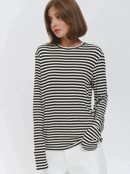Damen Baumwolle Langarm gestreiftes T-Shirt