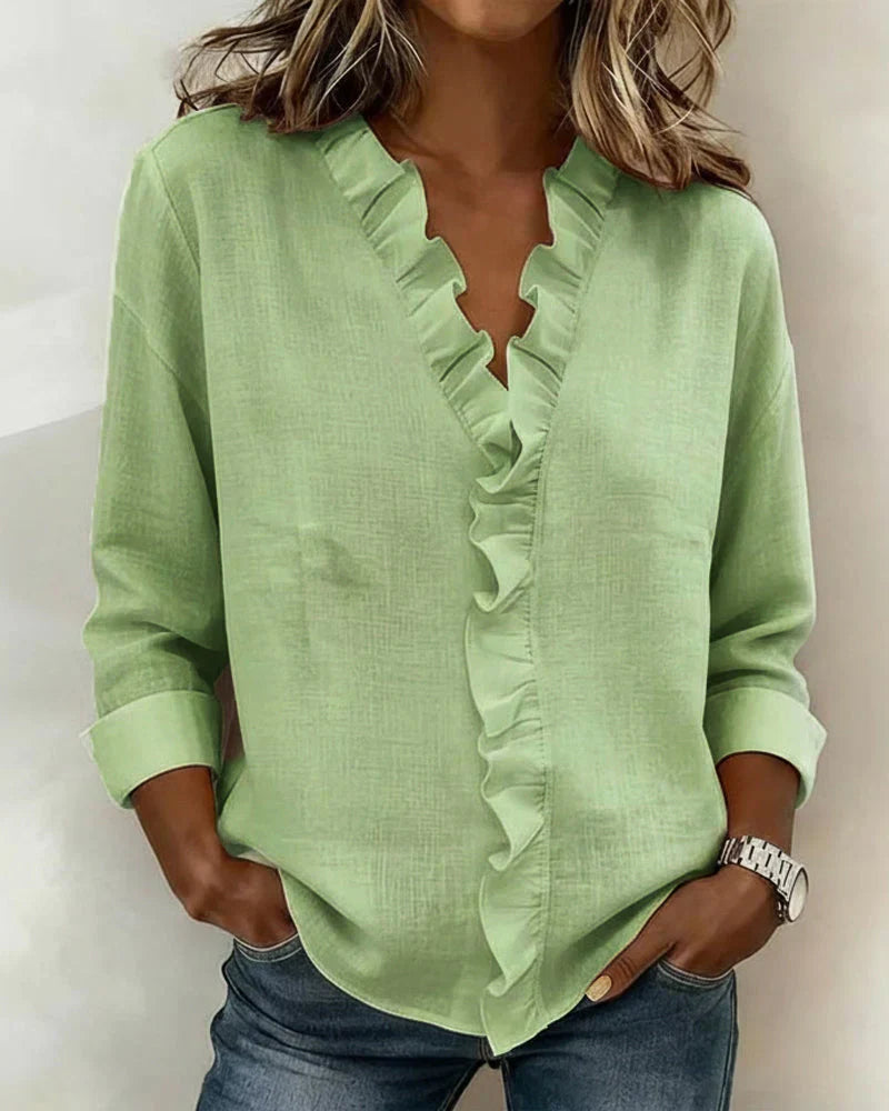 Bluse mit Rüschen und V-Ausschnitt, langärmlig