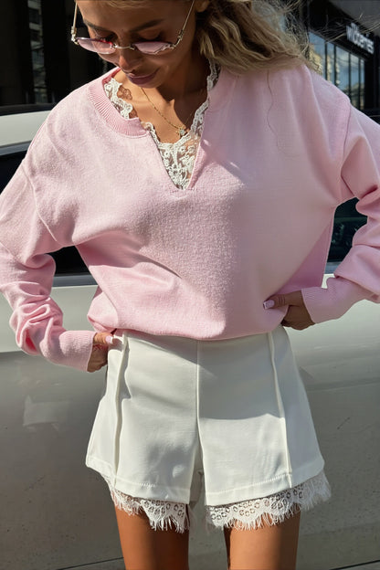 Pullover Mit V Ausschnitt Und Spitzensaum Aus Wollmix