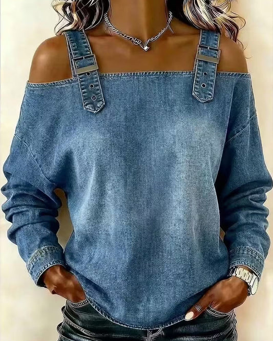 Damen Jeansbluse im Denim-Look mit Cut-Out Schultern und Metallknöpfen vorne