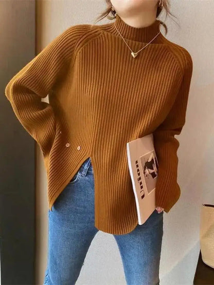 Damen Strickpullover mit Rollkragen und Knopfspalt-Detail