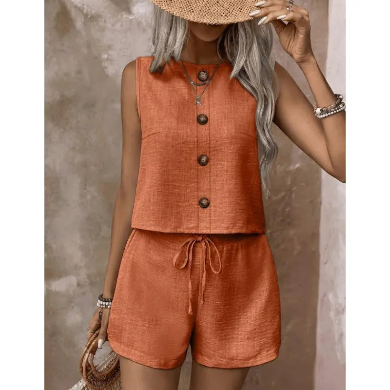 Damen Sommer Set Ärmellos Mit Knopfleiste