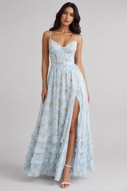 Maxikleid mit Spaghettiträgern und Rüschensaum