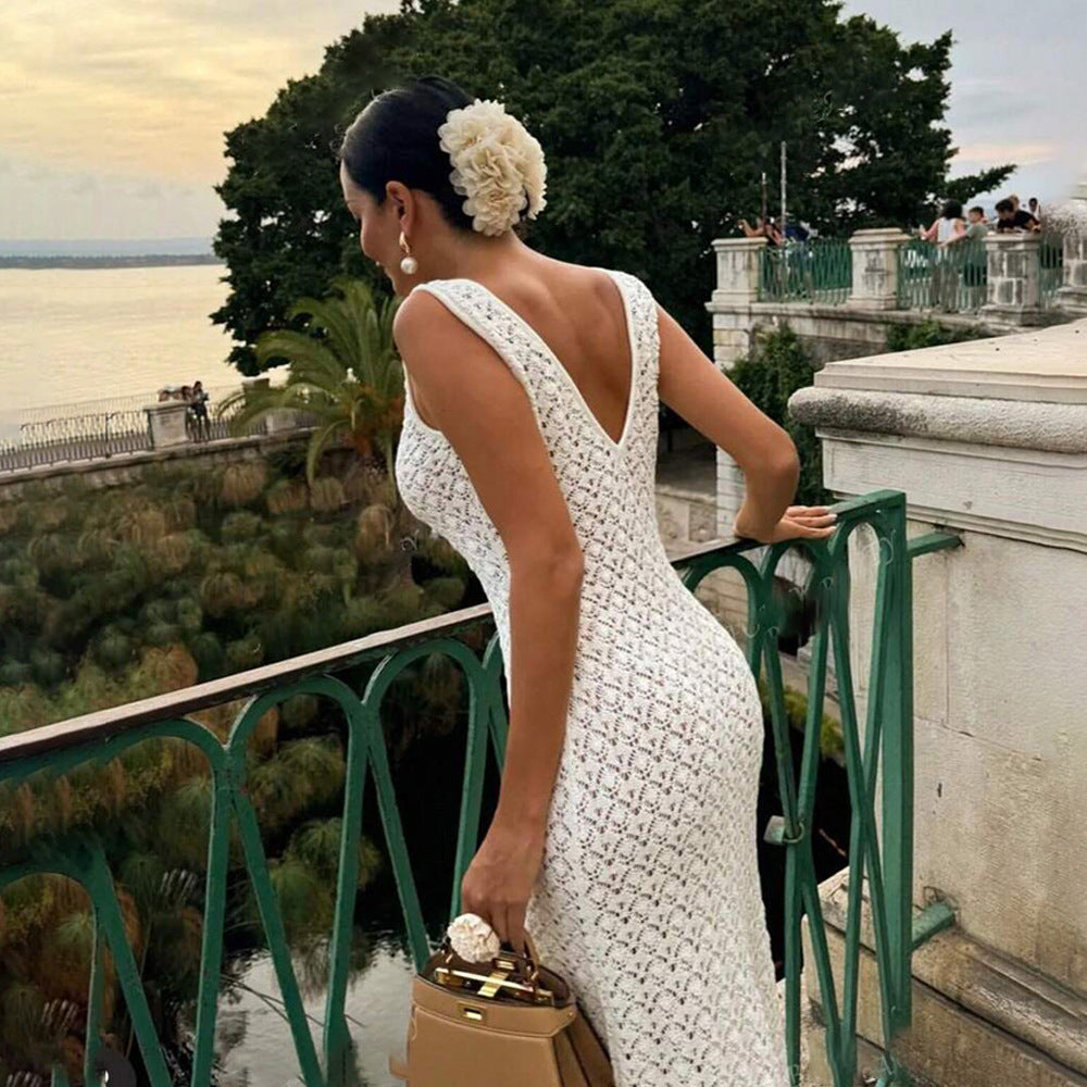Häkelstrick Maxikleid mit offenem Rücken Weiß
