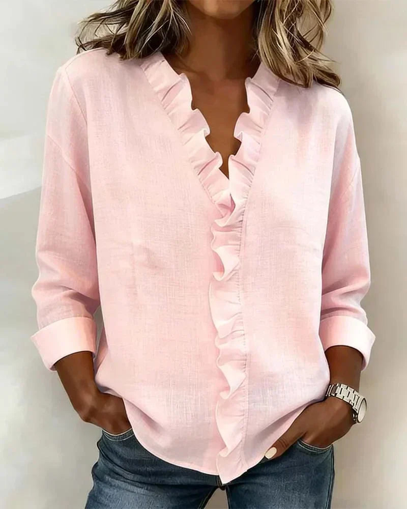 Bluse mit Rüschen und V-Ausschnitt, langärmlig