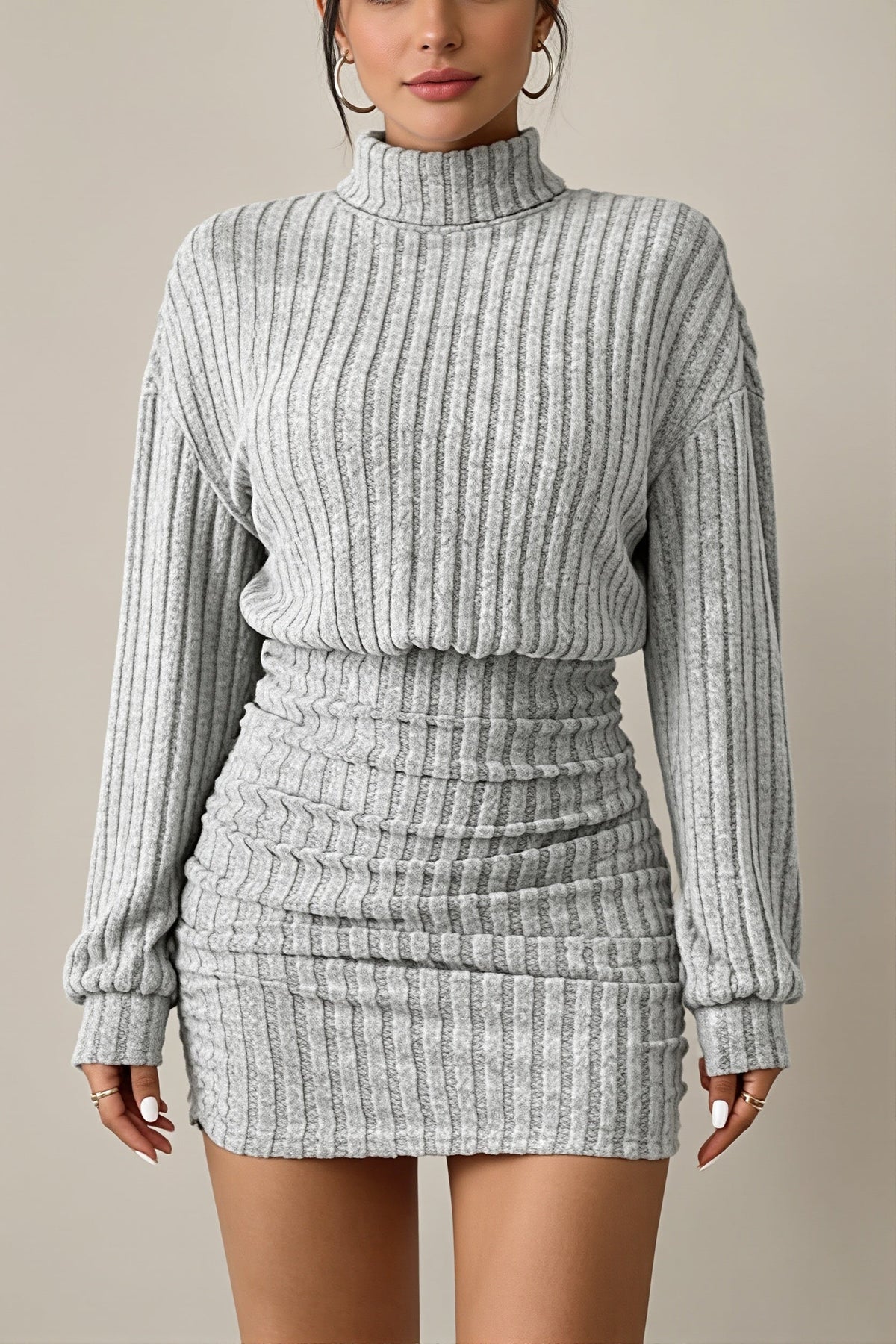 Damen Rippstrick Minikleid Mit Rollkragen