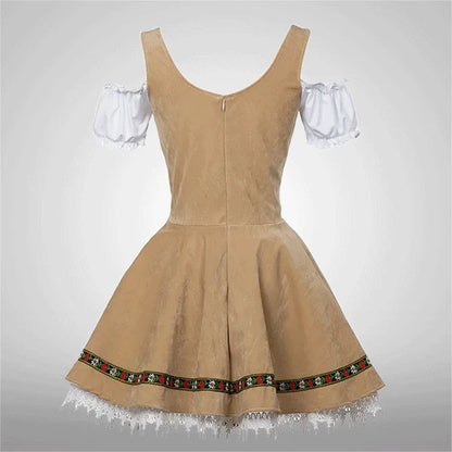 Women Velvet Lace Embroidery Oktoberfest Dirndl Dress Red