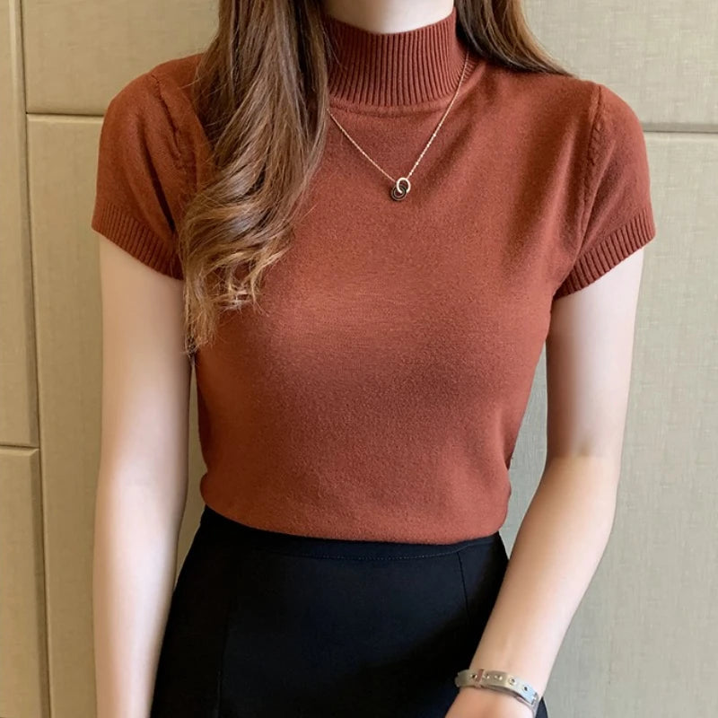Damen T-Shirt mit Stretch und lockerem Sitz, Stehkragen