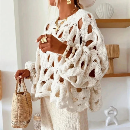 Langärmliger gehäkelter Strickpullover